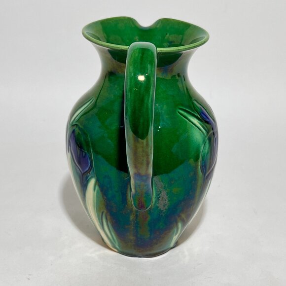 Antique Awaji Pottery Blue White Iris Green Pitcher Awaji Ware Glazed Japan - Picture 9 of 16